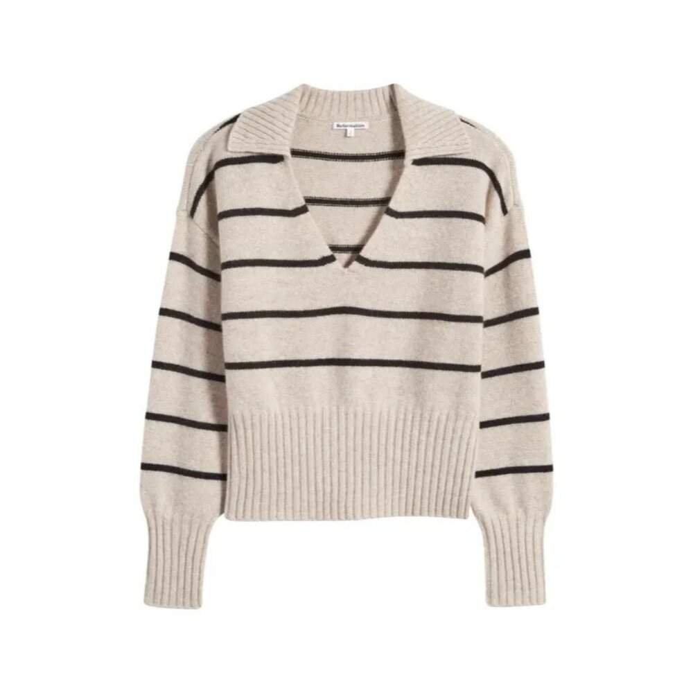 NWT Reformation Beckie in Barley Black Stripe Cashmere Collared Sweater L